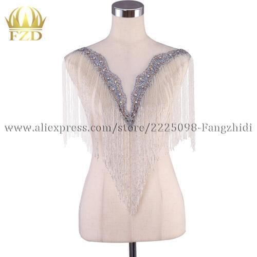 FZD 1Set Sew on Handmade Wedding dress trim patches Beaded Crystal Rhinestone Patches for DIY Bridal DressApplique With Gauze