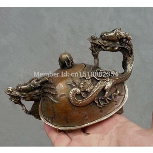China copper Signed Carved Dragon Tortoise Handmade Teapot Pot Statues