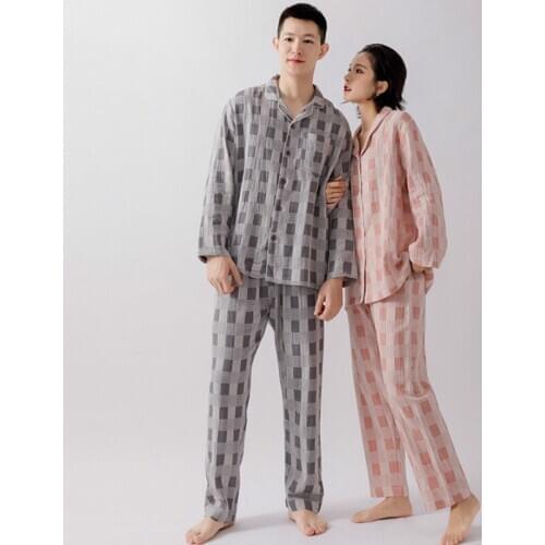 Lovers Plaid Pajamas Spring Long Sleeve Trousers Pajama Set Women and Men Loose Comfortable Lounge Wear Cotton Simple Home Suit
