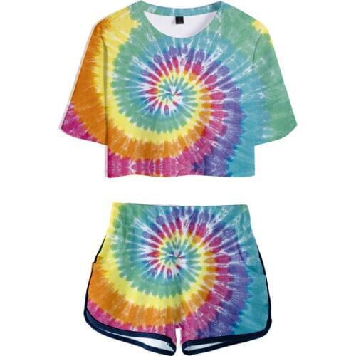 3D Tie Dye Flashbacks Two Piece Set Colorful Psychedelic T shirt Woman Shorts and Crop Top Fashion Tracksuit New 2 Piece Outfits