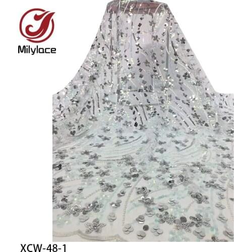 Latest Design African Lace Fabric Sequin Embroidery French Tulle Mesh Lace for Party Sewing XCW-48