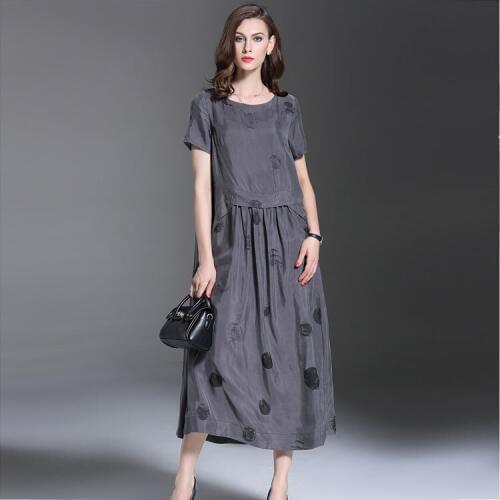New Plus Size Fashion Women Silk Casual Straight Dot printing grey dresses Female Short Sleeve Print Loose o-neck long Dress