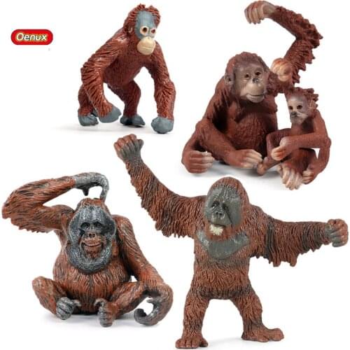 Oenux 5PCS Original Wild Animal Forest Gibbon ORANG-UTAN Family Model Action Figures PVC High Quality Collection Cute Kids Toy
