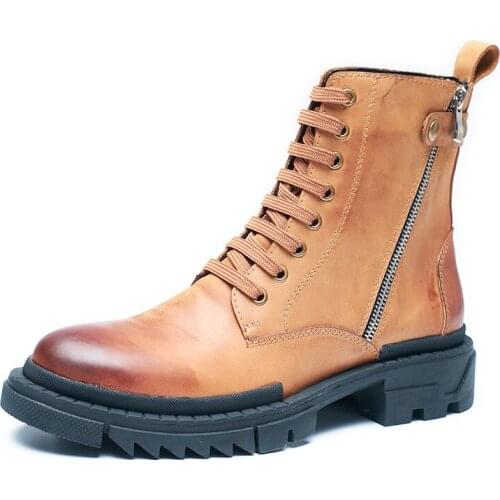 Autumn Winter Military Boots round Chelsea boots men Zipper High top Fashion Boots Men Shoes Cowhide Thick bottom Short Boots