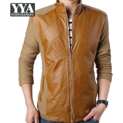 Autumn Men Office Work Stand Collar Jacket Pu Leather Patchwork Slim Fit Coat Business Casual Jackets Motorcycle Biker Coats