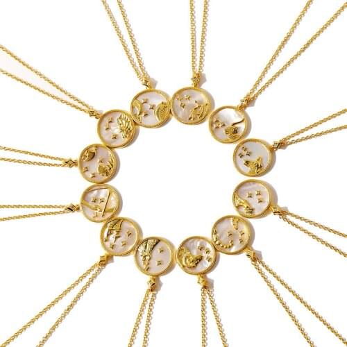 Yellow Gold Twelve constellations Shell Pearl Collar Necklace Round Star Pisces Leo Taurus Design Charm Necklace for women