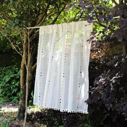 Faux Linen Stripe Pattern Sheer Curtains for Kitchen Embroidered Colorful Rainbow Sheer Voile Short Window Drapes