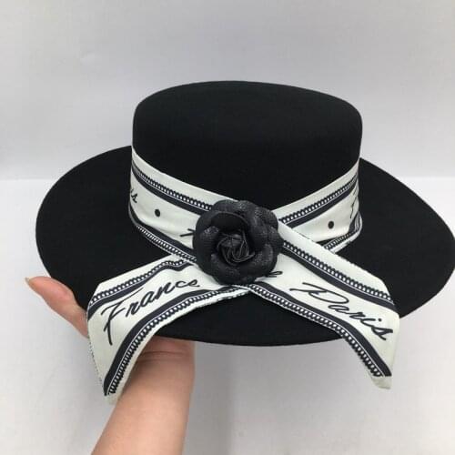 New arrival winter wool hat for men and women French Hepburn windy eaves flower ribbon flat brim hat