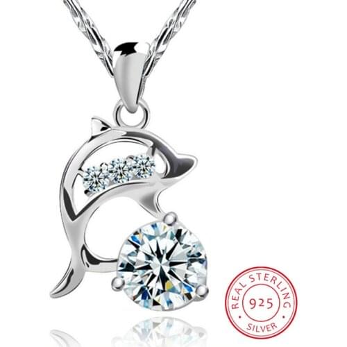 925 Silver Wedding Jewelry AA Cubic Zirconia Dolphin Pendant Love Necklace For Women Gift 45cm Chain choker collares kolye S-N77