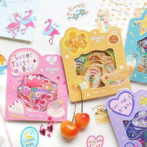 Yisuremia NEW 45pcs/Pack Kawaii Stickers Waterproof PVC Scrapbooking Journal Diary Decorative Adhesive Sticker School Stationery