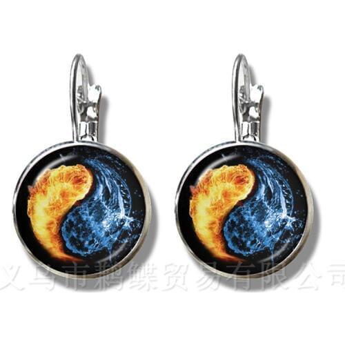 Fire And Water Symbol Jewelry Yin Yang Glass Dome Earrings Taoism Buddhism Spiritual Yin-Yang Harmony Silver Plated Earrings