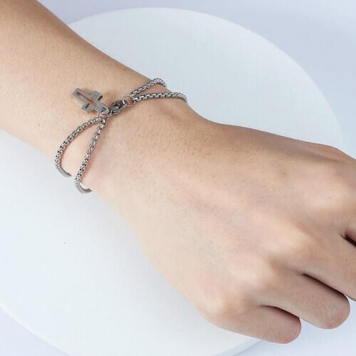 Women Men Cross Pendant Double Strand Rolo Chain Titanium Steel Lobster Charms Bracelet Jewelry Claw Clasp Closure