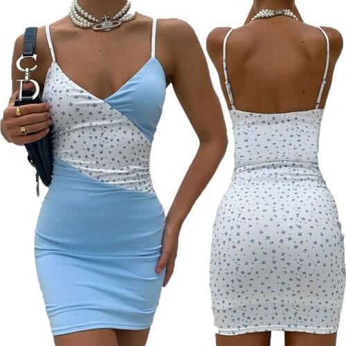 SKMY Women Clothing Patchwork Printed Floral Dress Sleeveless V-Neck Spaghetti Strap Bodycon Pleated Dress Sexy Club Outfits