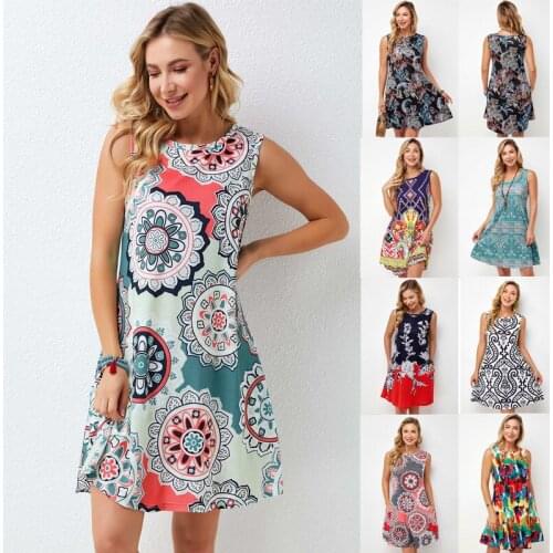 Summer 2021 Women Tank Dress Sleeveless Boho Print Dress Fashion Streetwear Elegant Ladies Clothing Vintage Mini Dresses Vestido