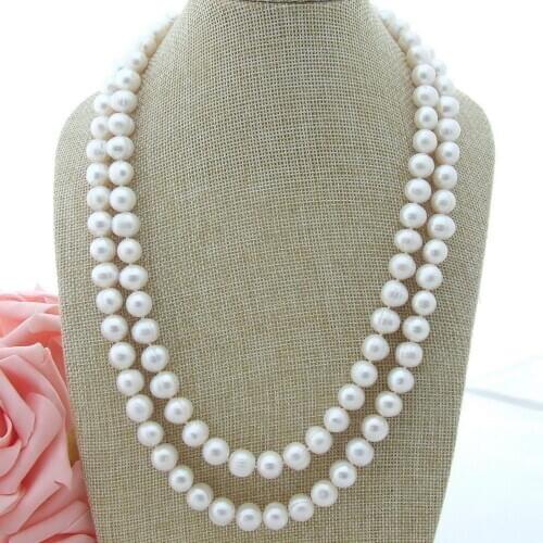 18-19'' 2 Strands 9-10mm White Pearl Necklace CZ Clasp