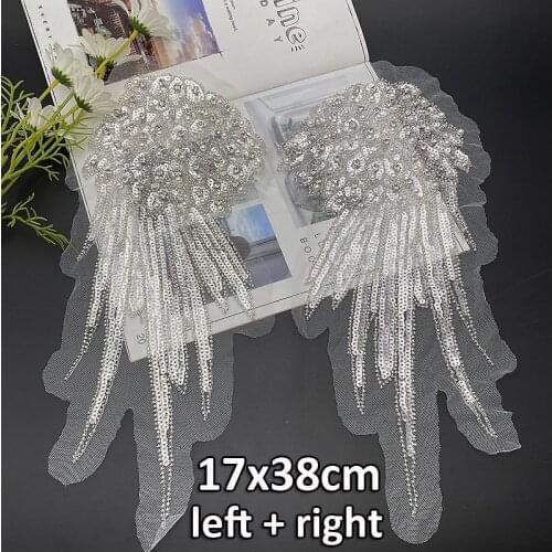 2 PCS ( Left+Right) Rhinestone Crystal Appliques Embroidery Mesh Beading Sequin Lace Patches For Wedding Dresses DIY Collar