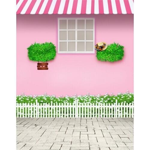 5x7ft Pink House Green Grass Brick Floor Photography Backdrops Photo Props Studio Background