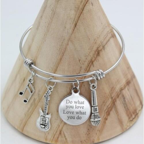 10PCS Stainless Steel Bracelet Adjustable Wire Musician Bangle Music Note Guitar Microphone Charm Bracelet Muscian Gifts