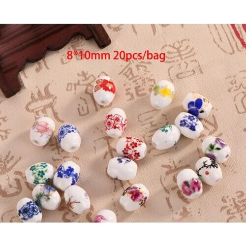 20pcs/lot Glaze Decal Ceramics Beads 8*10mm Oval Loose Spacer Beads Flower Charms For Jewelry Bracelet Craft Making Accessories