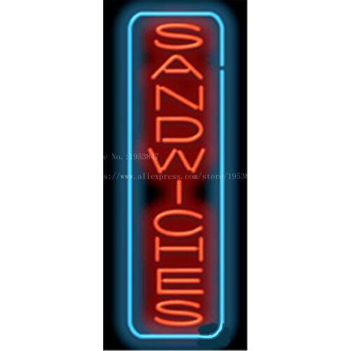 Sandwiches Vertical Neon sign Real Glass Tube Bulbs Light Bar Beer Club Decoration Signboard drink Deli Shop Store 19"x15"