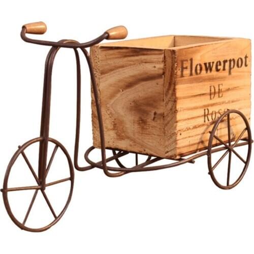 Wooden Tricycle Model Flower Pot Wrought Iron Bicycle Flower Stand Indoor Storage Rack Home Garden Desktop Decor Crafts Gifts