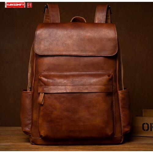Pure Hand-rubbed Vegetable Tanned Leather Men Backpack Large Capcity First Layer Cowhide male Travel Backpacks Schoolbags