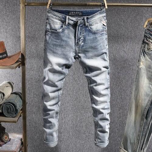 European Vintage Fashion Men Jeans Retro Light Blue Elastic Slim Fit Ripped Jeans Men Korean Style Designer Casual Denim Pants