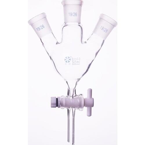 Three-necked round bottom flask oblique shape 50ml 19/26,with three necks standard ground mouth,PTFE door