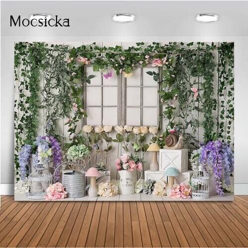Garden Flowers Girls Cake Smash Windows Backdrop for Photography Mushroom House Green Leaves Photo Booth Background Studio Prop