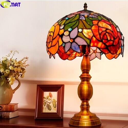 FUMAT Tiffany Rosary Rose Hanging Garden Stained Glass Table Lamp Desk Light Jade Flower Classical Multi Color Arts Lighting LED