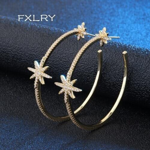 FXLRY personality Gold color Big Circle Hoop Earrings Micro Inlaid Zircon M Word Earrings Elegant for women fashion Jewelry