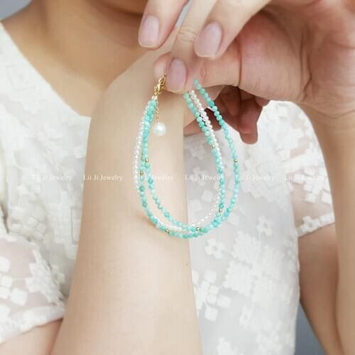 Lii Ji Natural Amazonite Faceted Beads,Tiny Freshwater Pearl 925 Sterling Silver 18K Gold Plated/9K GF Delicate Bracelet 18-20cm