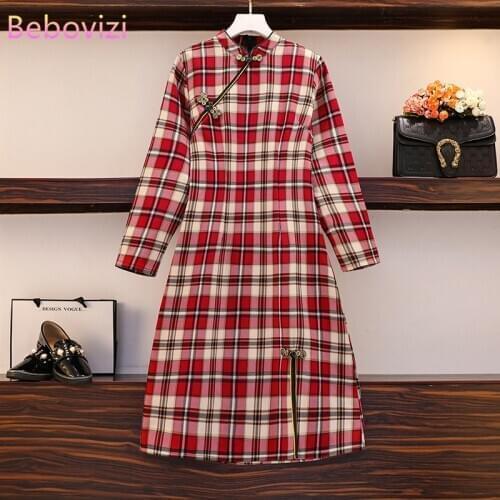 Plus Size M-4XL Autumn Spring Red Plaid Cheongsam Chinese Traditional Dress for Women Long Sleeve Qipao Midi Dresses
