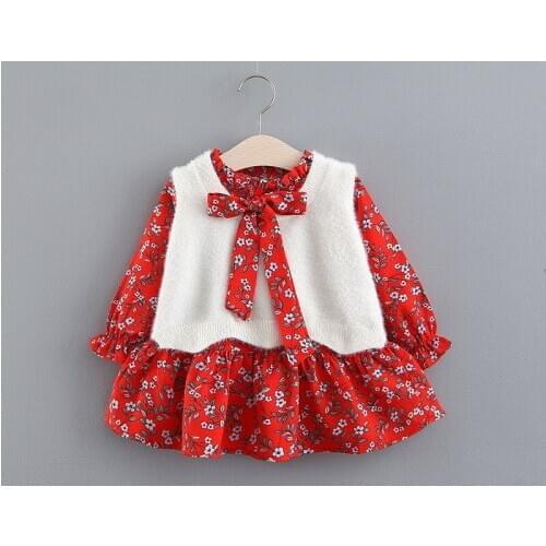 2019 Spring Autumn New Fashion Toddler Kids Baby Girls Floral Long Sleeve Dress+Sweater Vest 2Pcs Outfits Clothes Set 0-6T
