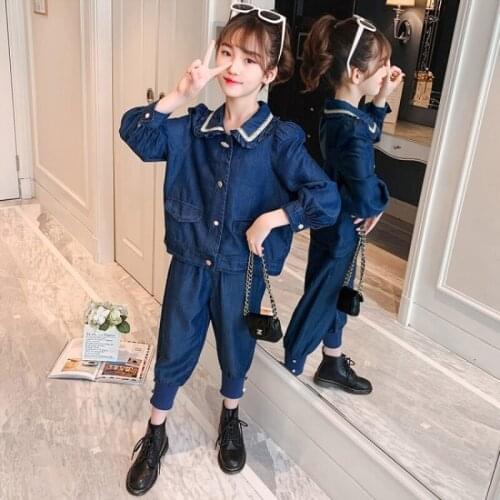 Girls Suits Coat + Pants Sets Kids 2021 Jean Spring Autumn Cotton Long Sleeve High Quality Teenagers Sport Tracksuits Outfits