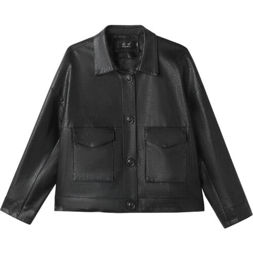 Women Autumn Black Soft Faux Leather Jackets Single Breasted Coat Pockets Designer Korean Clothing Female Faux leather Outerwear