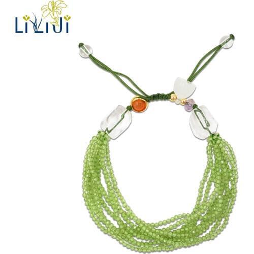 Lii Ji Natural Gemstone Shining Peridot,Clear Quartz,Ametrine,Carnelian,Lotus Fashion Shining Bracelet