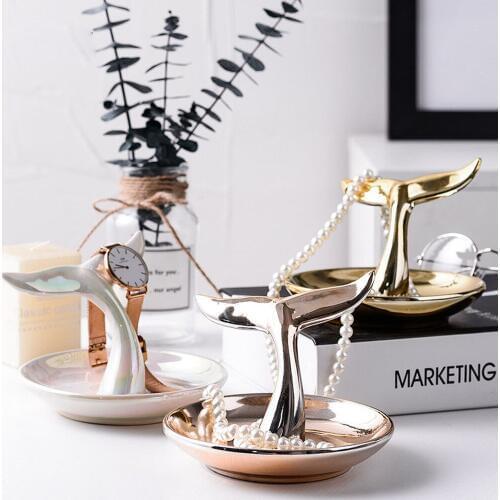 Nordic Style Storage Tray Ceramic Gold-plated Whale Tail Tray Abstract Decoration Crafts Jewelry Ring Storage Tray Organizer