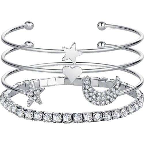 Fashion Five-pointed Star Moon Crystal Gem Multilayer Adjustable Open Bracelet Set Ladies Fashion Party Jewelry Gift