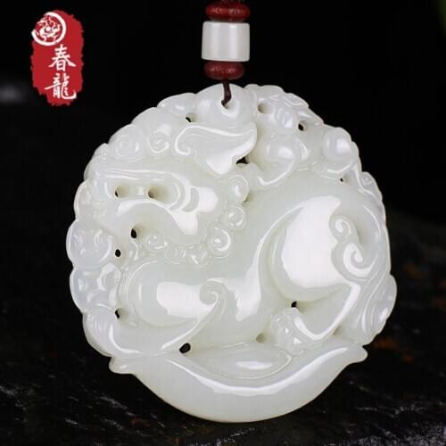 Natural hetian white jade pendant hollow hand carved dragon pendants necklace brand men women real jade jewelry jadeite pendants