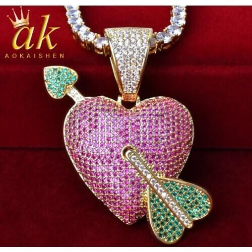 Purple Color Heart with Red Arrow Pendan tCubic Zircon Necklace With Tennis Chain For Men&Women Hip Hop Jewelry