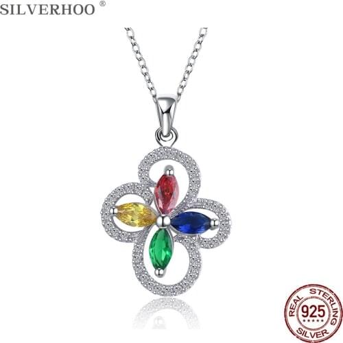 SILVERHOO Sterling Silver 925 Necklace For Women Trendy Sparkling Cubic Zirconia Flower Pendant Necklaces Anniversary Jewelry