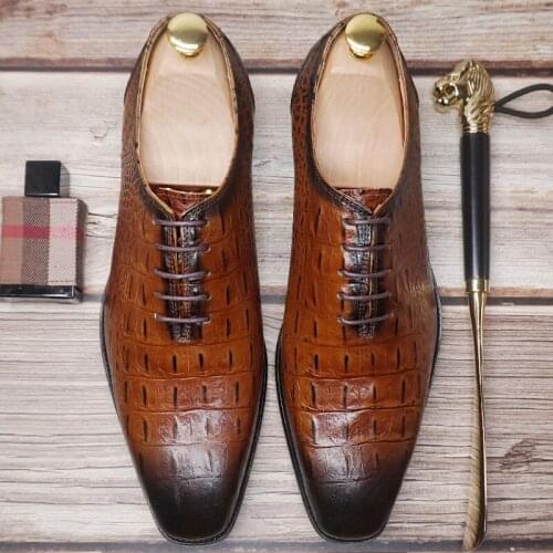 Luxury Design Mens Leather Shoes Lace up Square Toe Brown Black Formal Men Dress Shoes Crocodile Prints Oxford Shoes For Men