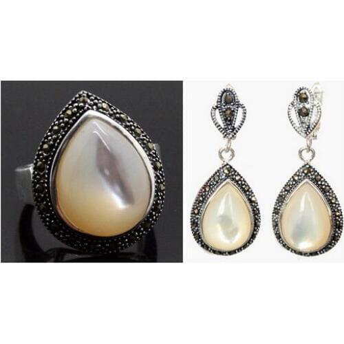 25*20mm Natural White Sea Shell Marcasite earring RING(SIZE 7/8/9/10) Genuine Handmade Women Gift word 925
