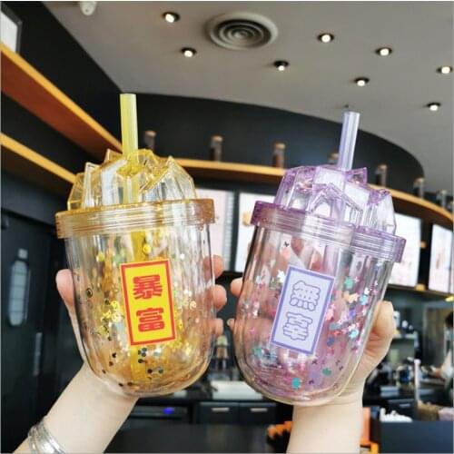 Straw Milk Tea Cup Plastic Cup Large Capacity New400ml Simple Fashion Coffee Mugs with Lid White Packaging