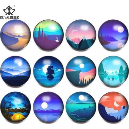 12pcs/lot Mixed Night Patterns 18mm Glass Snap Button Jewelry Glass Snaps Souvenir Fit Snaps Bracelets Beads Jewelry Making