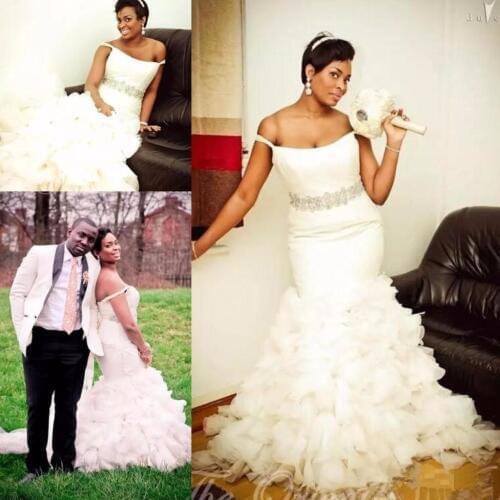 Mermaid Wedding Dresses With Sash Beads Ruffles Tiered Skirt Off The Shoulder Plus Size Wedding gown African Bridal Gowns