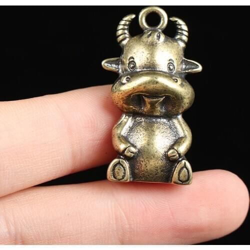 Vintage Copper Cute Cow Calf Pendants for Keychain Women Backpack Decors Brass Zodiac Bull Figure Rope Keyring Hanging Trinkets