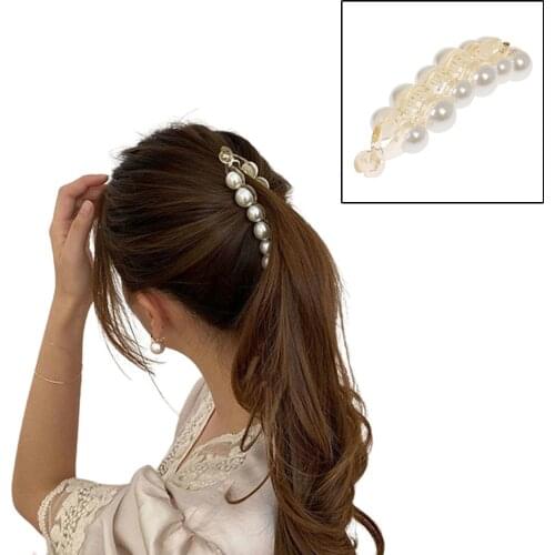 Pearl Banana Clip Acrylic Banana Hairpin Artificial Pearl Hair Clip Ponytail Holders Vertical Clip Hair Barrettes Headdress