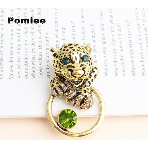 Pomlee 2 Colors Big Rhinestone Leopard Head Brooches For Women Unisex Crystal Cute Animal Tiger Party Brooch Pin Gifts Whosales
